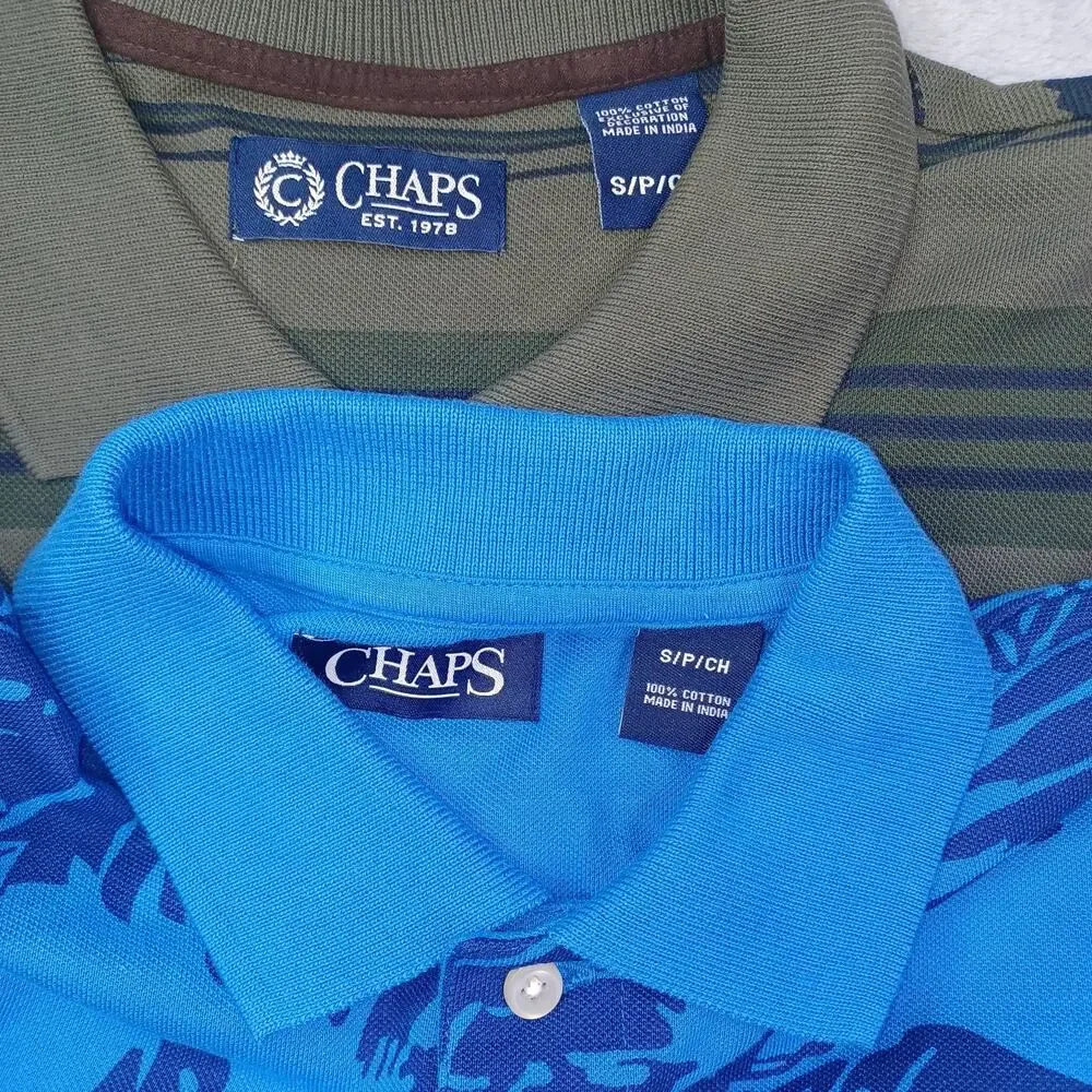 CHAPS Pique Polo Shirt Lot of Two Mens S Blue Green Tropical Tribal Short Sleeve